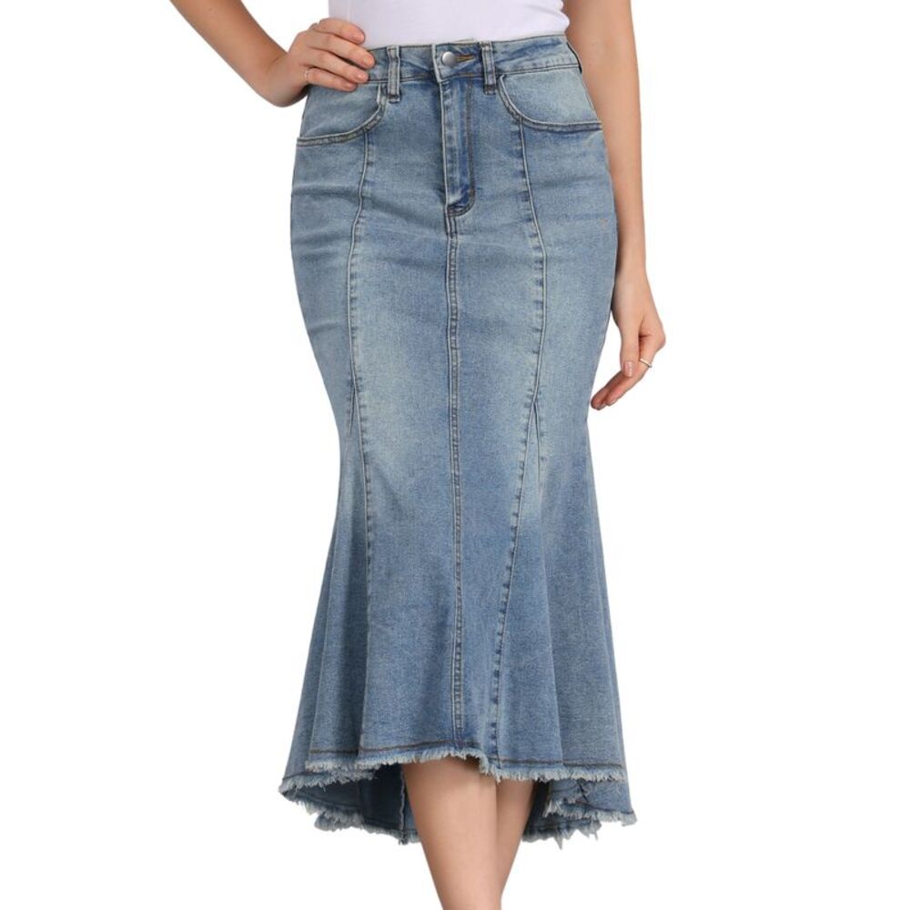 Washed Fishtail High Waist Jean Denim Fashion Casual Midi Skirt Grey Blue